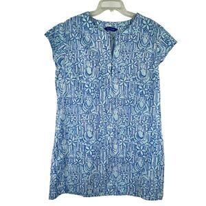 Three Islands Blue Buda Coastal Print Dress Size XL 100% Cotton Tropical Beach